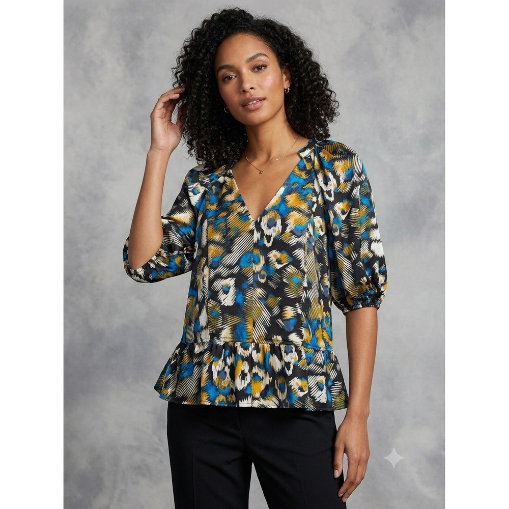 DKNY Womens Top Blouse Blue Gold Leopard Print V-Neck Sz L Career Casual NWT